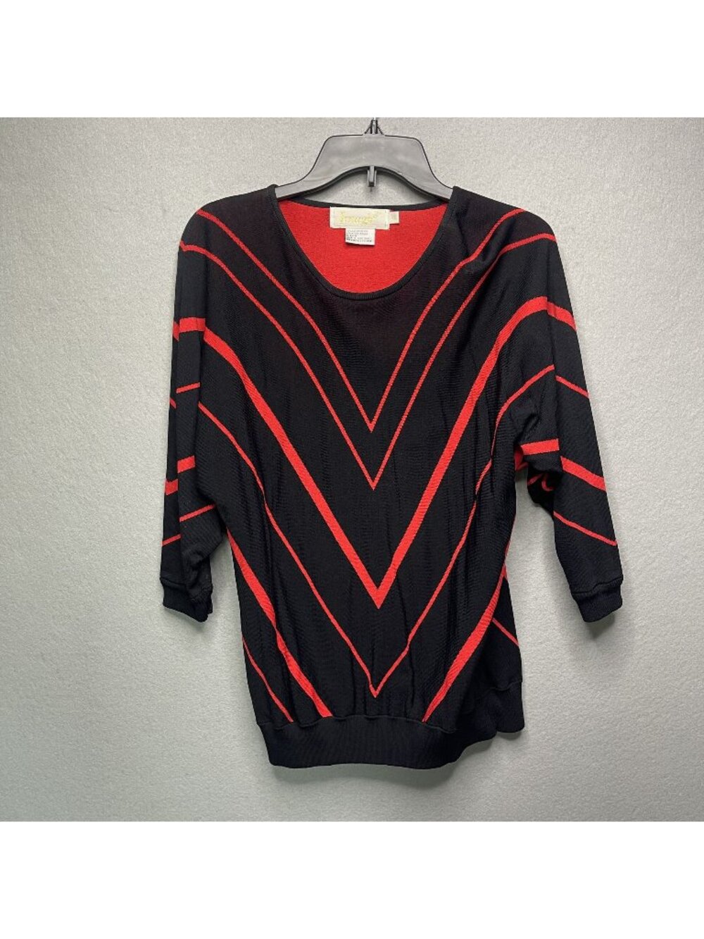 Vintage Imago Black Red Chevron Stripe Sweater Top 3/4 Sleeves Womens XL